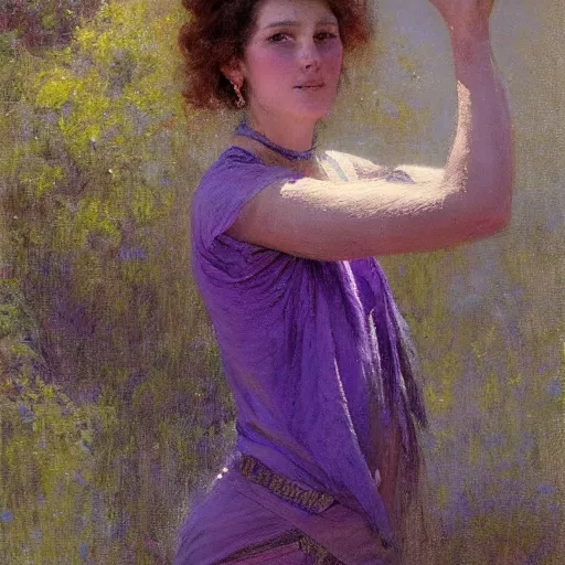 Image similar to a woman in a purple shirt with an emaciated body type, painting by Gaston Bussiere, Craig Mullins