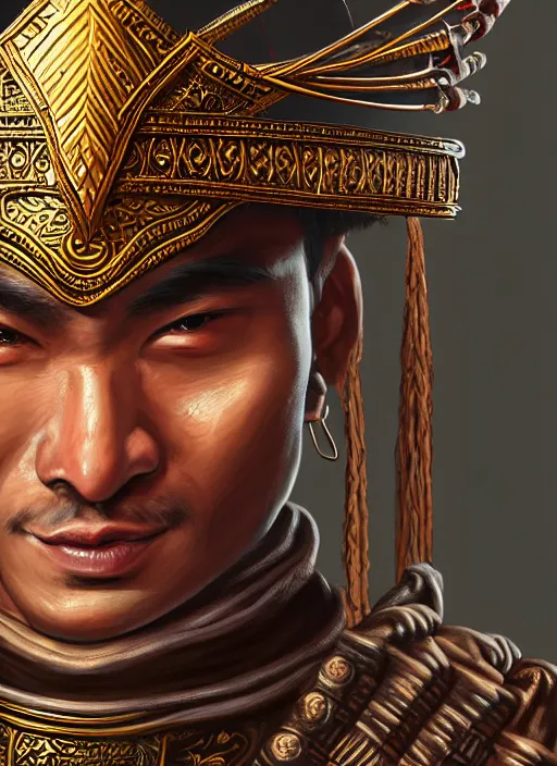 Image similar to smart tai warlord, closeup portrait, without beard and mustache, historical hero, ethnic group, tai costume, thai transitional bronze headdress, intricate, with leather armor cross on bare chest, elegant, loin cloth, highly detailed, oil painting, artstation, concept art, matte, sharp focus, illustration, hearthstone, art by earl norem