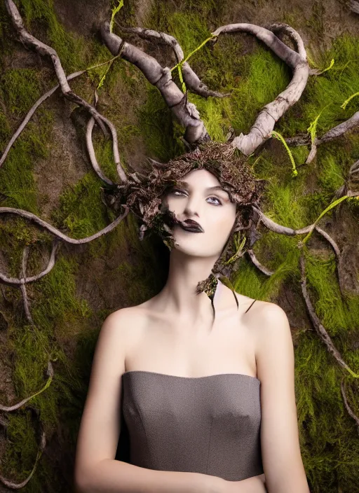 Prompt: a photo of a female model, orgnic headpiece, vines, horn, moss, fashion photography, realistic, hyperdetails, dark grey backdrop studio, moss and vine dress