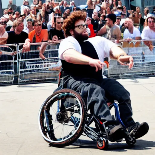 Image similar to seth rogan in a wheelchair at x - games magazine action photo