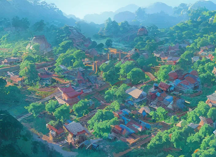 Image similar to concept art painting of a small woodland village in a valley seen from above, european japanese buildings, early morning, cel shaded, detailed, realistic, by makoto shinkai and moebius and anton fadeev and james gurney