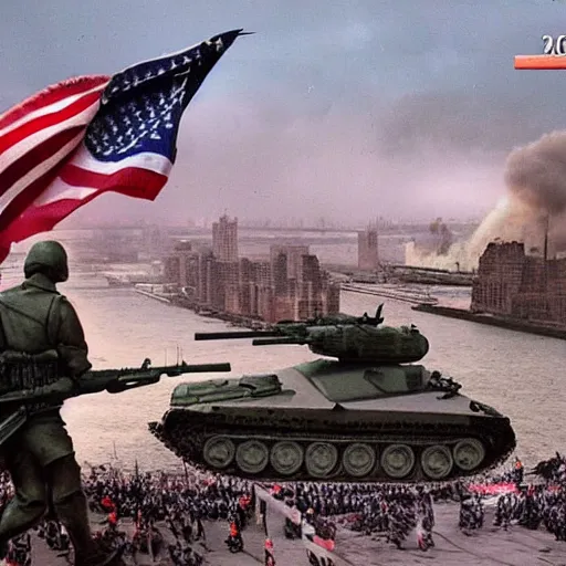 Image similar to The war between the Soviet Union and America, the action takes place in New York, far away against the background of the Statue of Liberty, a lot of soldiers and military equipment, a lot of explosions and tracer bullets, a lot of ruins, a very epic battle, The style of photography of the 80s, very detailed and detailed style