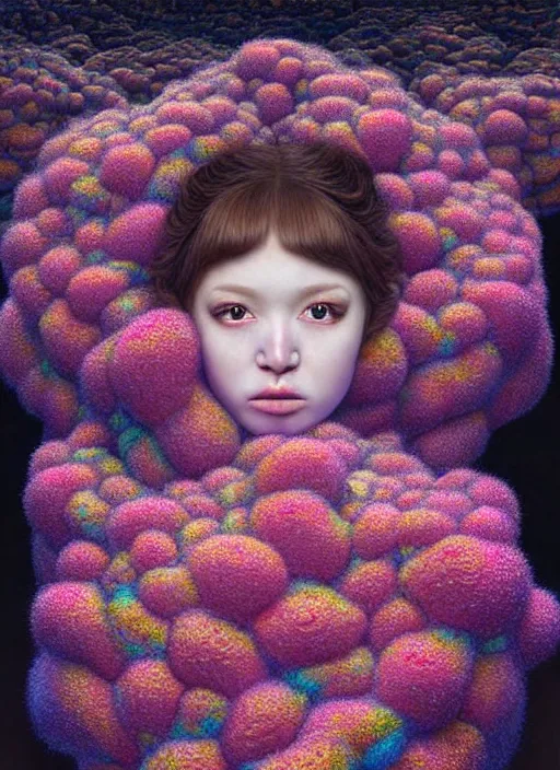 Image similar to hyper detailed 3d render like a Oil painting - kawaii portrait Aurora (brown haired Singer Weasle) seen Eating of the Strangling network of yellowcake aerochrome and milky Fruit and Her delicate Hands hold of gossamer polyp blossoms bring iridescent fungal flowers whose spores black the foolish stars by Jacek Yerka, Mariusz Lewandowski, Houdini algorithmic generative render, Abstract brush strokes, Masterpiece, Edward Hopper and James Gilleard, Zdzislaw Beksinski, Mark Ryden, Wolfgang Lettl, hints of Yayoi Kasuma, octane render, 8k