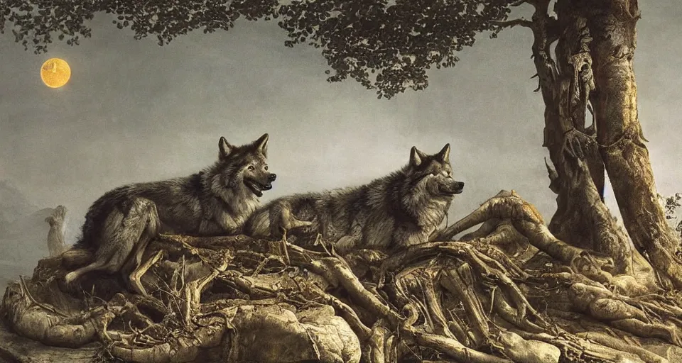 Image similar to wolves and their treasures. treasures of a thousand temples. digital painting by david caspar friedrich and h. r. giger