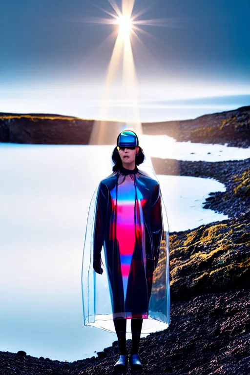 Image similar to an ultra high definition professional high fashion portrait studio full length photograph of a model wearing a transparent pearlescent raincoat and neon visor in an icelandic black rock environment at dawn. no artefacts. extremely detailed. stark. refraction. shallow depth of field. volumetric light and shadow. ray tracing. light rays.