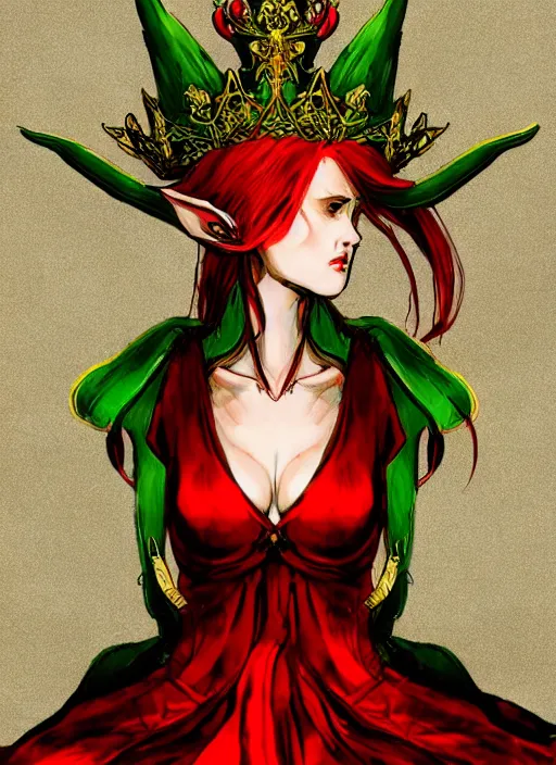 Image similar to Half body portrait of a beautiful red haired elven queen in red and green dress with golden crown sitting on a throne with haughty look. In style of Yoji Shinkawa, dark fantasy, great composition, concept art, brush strokes.