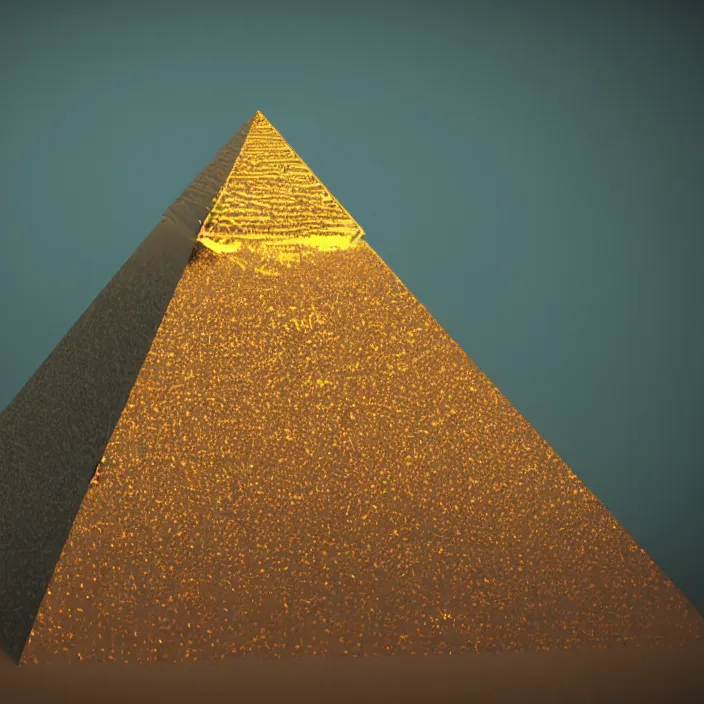 Prompt: a bunch of golden pyramids is laying on dark surface, octane render, bloom effect, unreal engine, sharp focus, smooth gradients