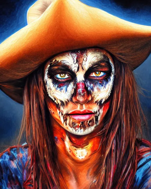 Prompt: acrylic portrait of scarred cowgirl with with burning glowing eyes, high production value, intricate details, high resolution, hdr, high definition, masterpiece, realistic, ultrarealistic, highly detailed, hd, sharp focus, non blurry, sharp, smooth