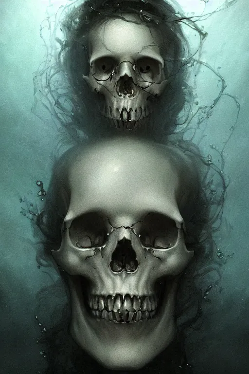 Prompt: a human skull floating in deep dark murky water!!!, underwater atmospheric moody, dark surreal mood! cinematic volumetric lights, bust portrait, dnd, fantasy, intricate, elegant, highly detailed, digital painting, artstation, concept art, smooth, sharp focus, illustration, art by artgerm and tom bagshaw and greg rutkowski and alphonse mucha