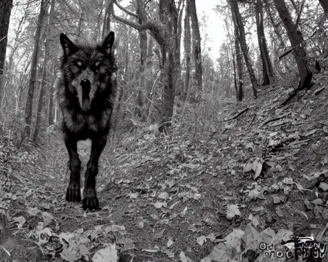 Image similar to photo of standing werewolf monster caught on a trail cam