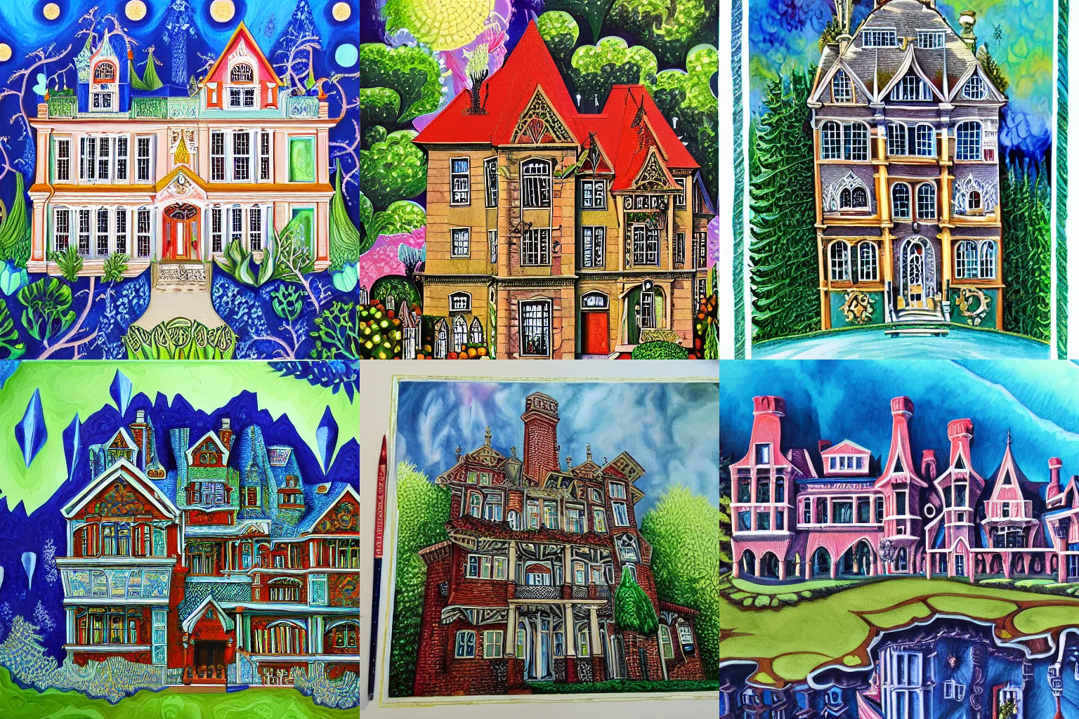 Prompt: Fractal mansion, detailed gouache painting