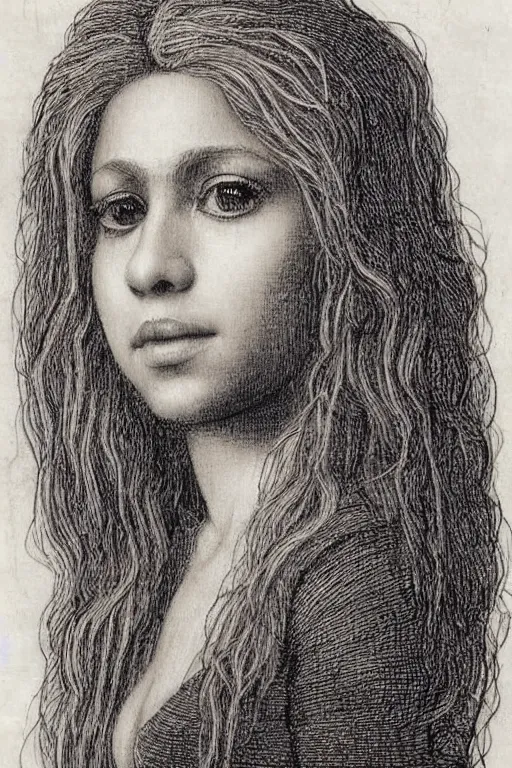 Image similar to a portrait of shakira in the style of leonardo da vinci drawing,, single head, no double head,