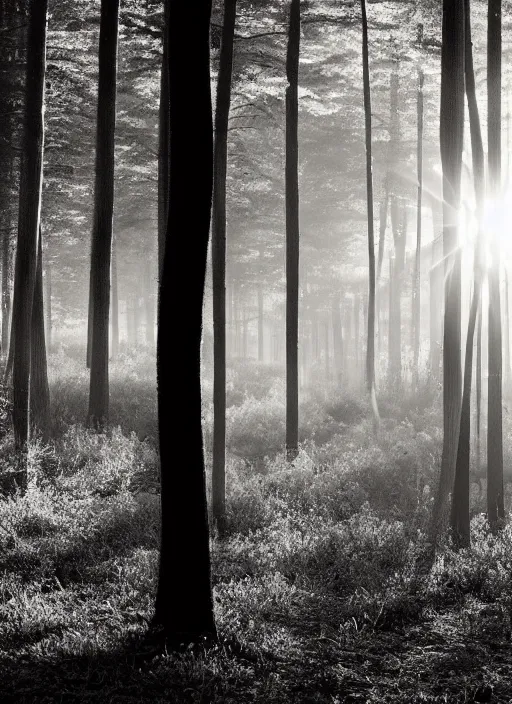 Image similar to black and white artwork of a forest at sunset, with yellow sunlight