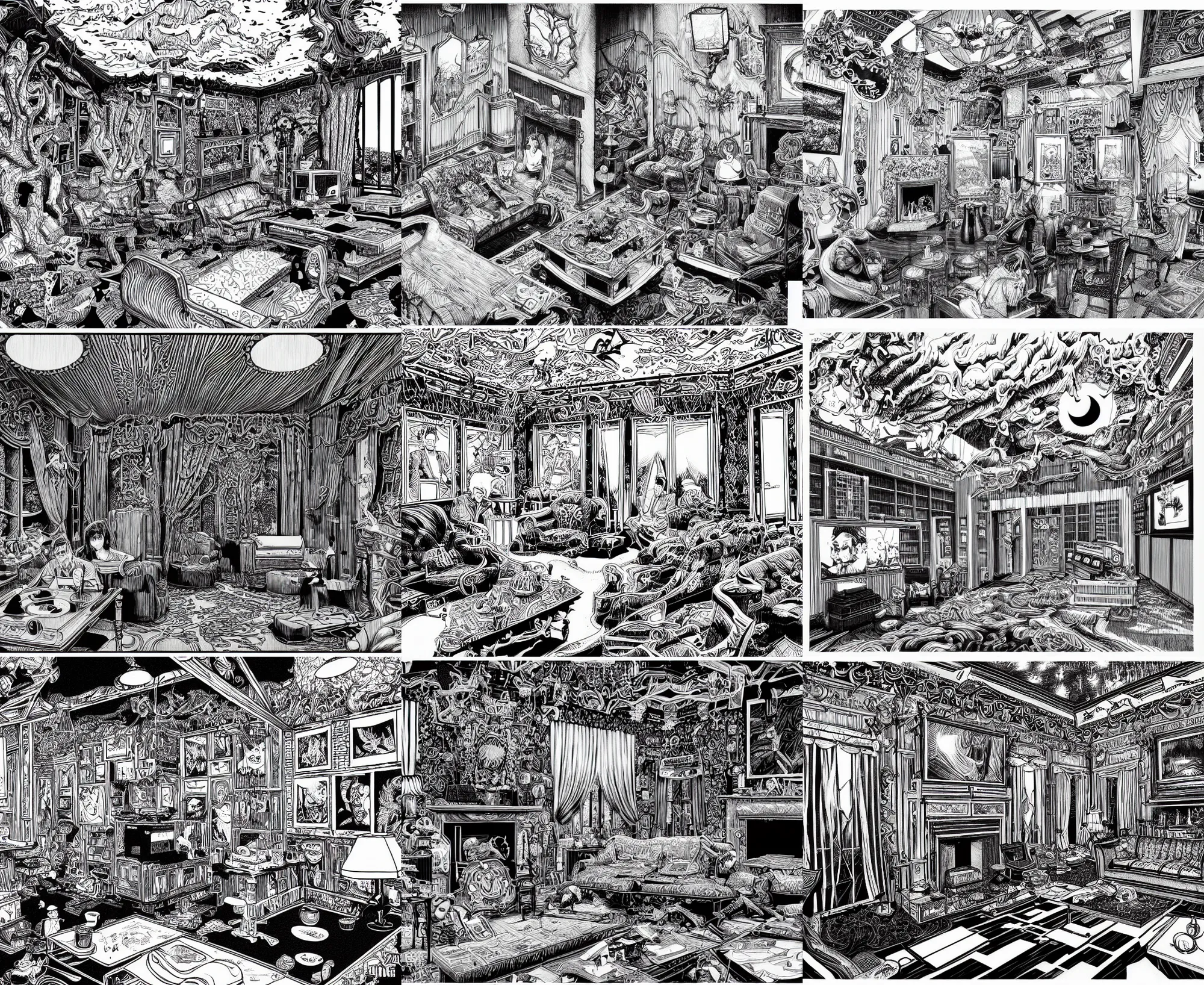 Prompt: highly detailed ink illustration of the red room in twin peaks, b & w clean shaped illustration by kim jung gi, ron english and eiichiro oda