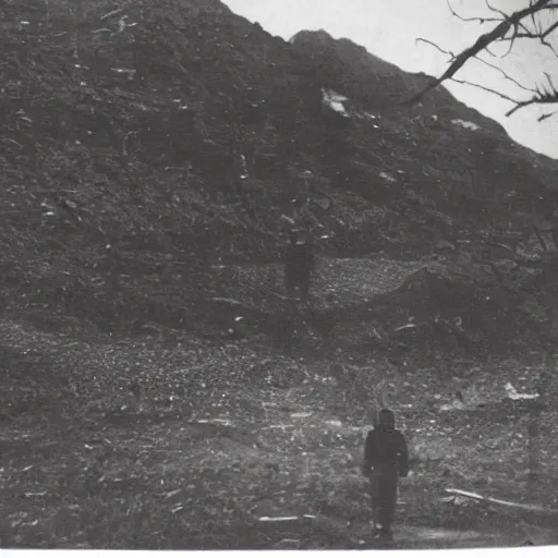 Prompt: old photo of a creepy landscape, creepy figure in the distance