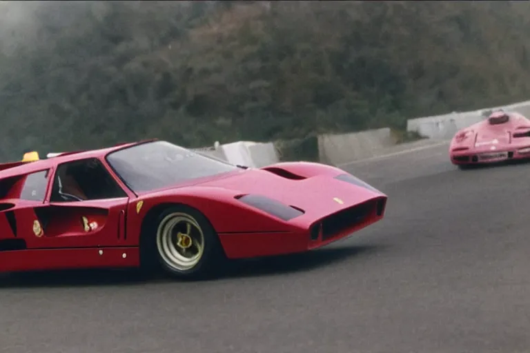 Prompt: vintage archival race footage of a single, purple, 1965 Ferrari F40, with elements of the De Tomaso Pantera, Lotus, GT40, BMW M1, and Countach, movie still, speed, cinematic Panavision 5384 film