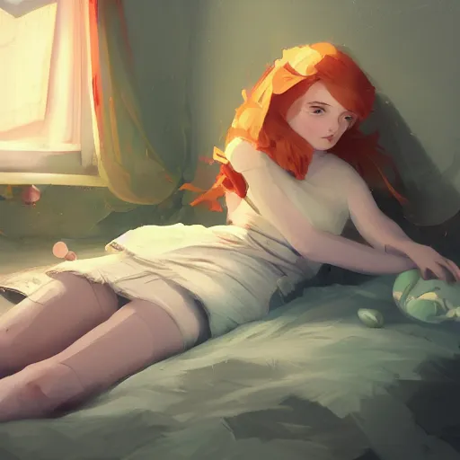 Image similar to a girl lies on the bed with a ragdoll, characterized by roman shipunov, etienne hebinger, atey ghailan, cgsociety, fantasy art, 2 d game art