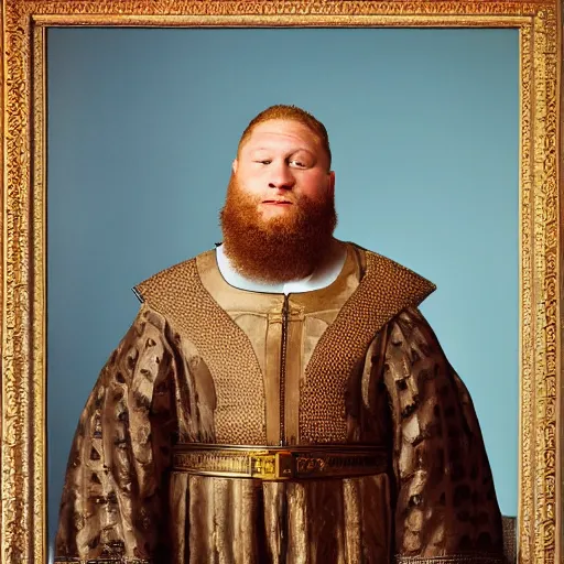 Image similar to portrait of Action Bronson as a medieval Albanian baron, by Kehinde Wiley, Gentile Bellini, and Annie Leibovitz. HD face portrait.