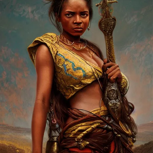 Image similar to artstation concept of a beautiful girl holding a sword in both hands, brown skin, sweaty skin, symmetrical face, casual white garment, brown canyon background, shiny colorful, hyperdetailed, artstation trending, world renowned artists, worth1000.com, historic artworks society, antique renewel, cgsociety, by greg rutkowski, by Gustave Dore, Deviantart