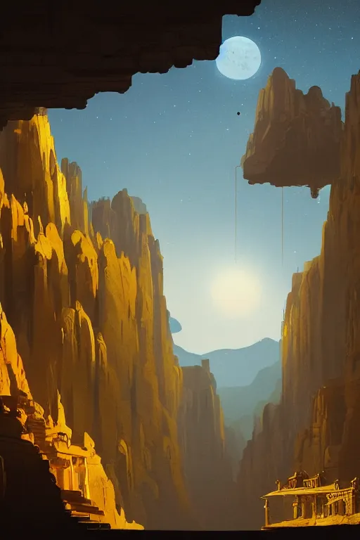 Image similar to ancient temples glowing yellow in canyon, monks, golden statue, light streaks in the sky, floating planets and moons, dramatic lighting, artstation, matte painting, ralph mcquarrie, simon stalenhag