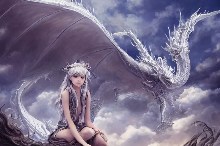 Prompt: the beautiful hyper detailed big scene portrait render that a beautiful girl sitting on the back of a huge silver white dragon alone in fairyland surrounded by white clouds, finely detailed angelic face delicate features, style of studio ghibli, makoto shinkai, artgerm, karol bak, kazuki tanahashi, james jean, ross tran, xision, ultra wide angle