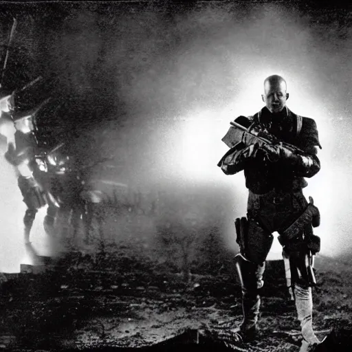 Prompt: old black and white photo, 1 9 1 3, depicting bruce willis in combat armor with guns, historical record, volumetric lights