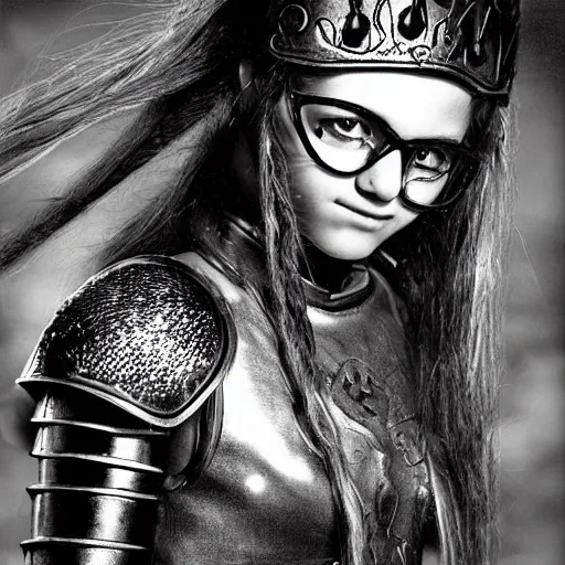 Prompt: young teen female knight in shiny armor. She has pigtails. She has cool round glasses. black and white photo by Luis Royo