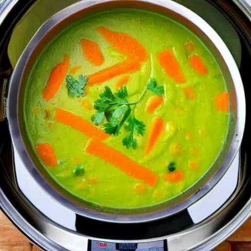 Prompt: carrot and pea soup in a washing machine
