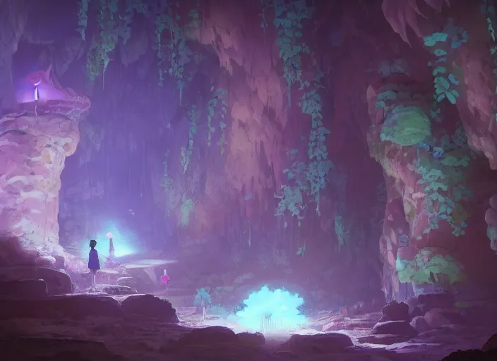 Image similar to Inside a magical cavern with bioluminescent mushrooms, peaceful and serene, incredible perspective, soft lighting, anime scenery by Makoto Shinkai and studio ghibli, very detailed