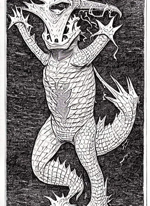 Image similar to charmander as a d & d monster, full body, pen - and - ink illustration, etching, by russ nicholson, david a trampier, larry elmore, 1 9 8 1, hq scan, intricate details, stylized border