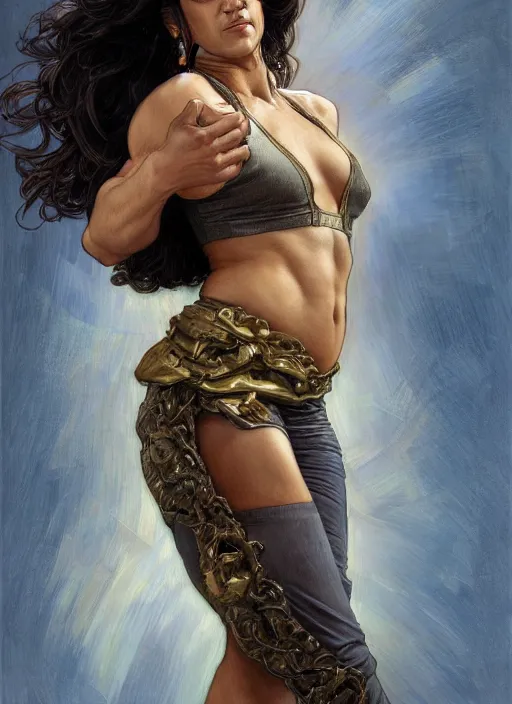 Image similar to Michelle Rodriguez as feisty latino woman, head and shoulders portrait, intricate, elegant, highly detailed, centered, digital painting, artstation, concept art, smooth, sharp focus, illustration, art by artgerm and donato giancola and alphonse mucha