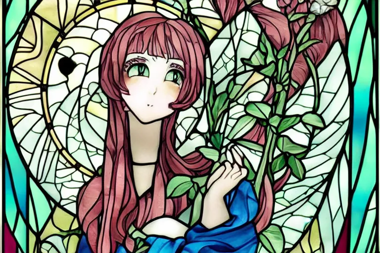 Prompt: very very beautiful cute anime girl, art nouveau, stained glass window, trending on artstation