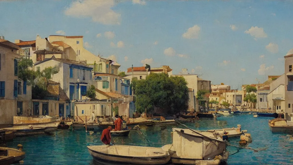 Prompt: a beautiful extremely complex painting of a mediterranean fishing village in summer by peter ilsted, whitewashed housed, tall cypress trees, blue shutters on windows, people walking down a street, fishing boats in the water, beautiful blue water, national gallery of art highlights