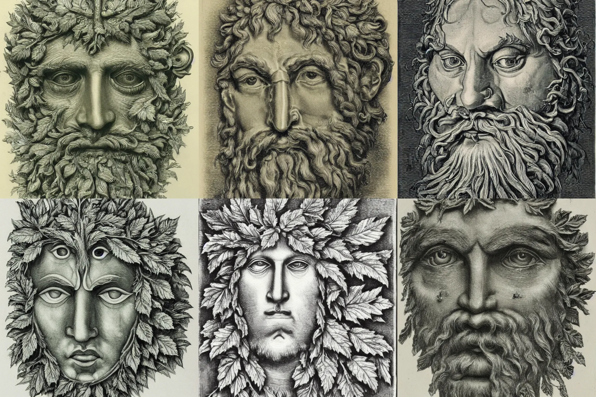 Prompt: a engraving of a green man face, highly detailed, lithograph engraving
