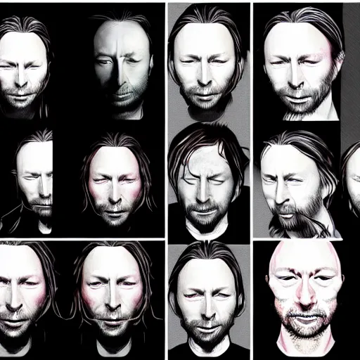 Prompt: versions collage of variations, hyper realistic, many variations of thom yorke, face variations, various emotions, various poses, high quality, brush stroke, intricate details, beautiful lighting