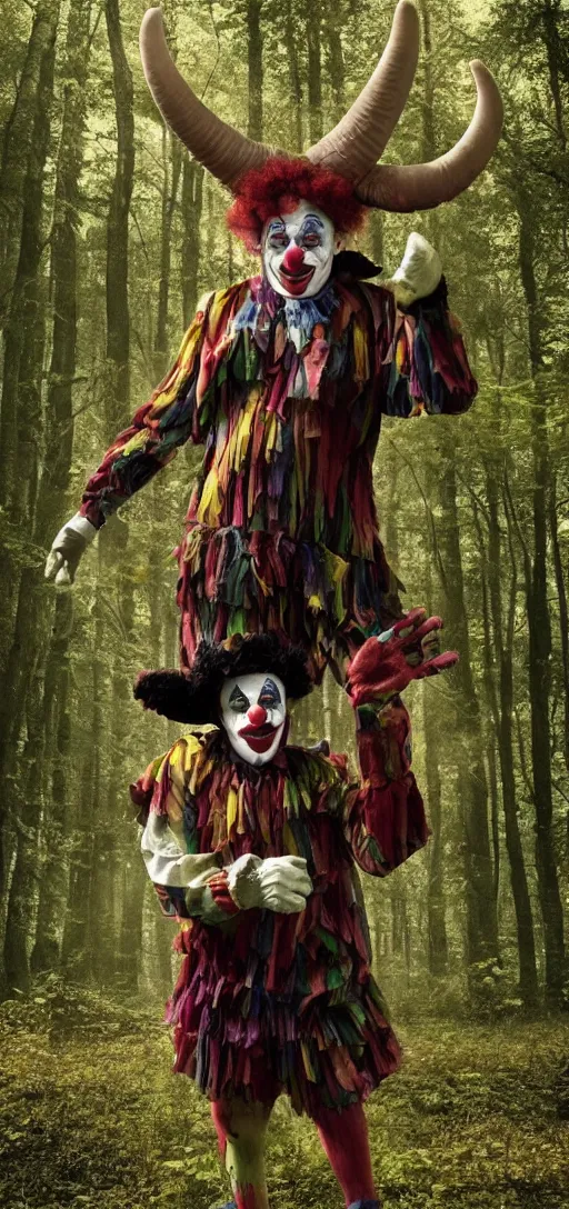 Image similar to a clown with big horns in the forest, darkness, creepy