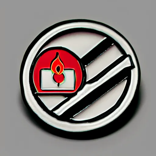 Prompt: a photo of a retro 5 0 s minimalistic clean fire warning enamel pin, studio lighting, behance