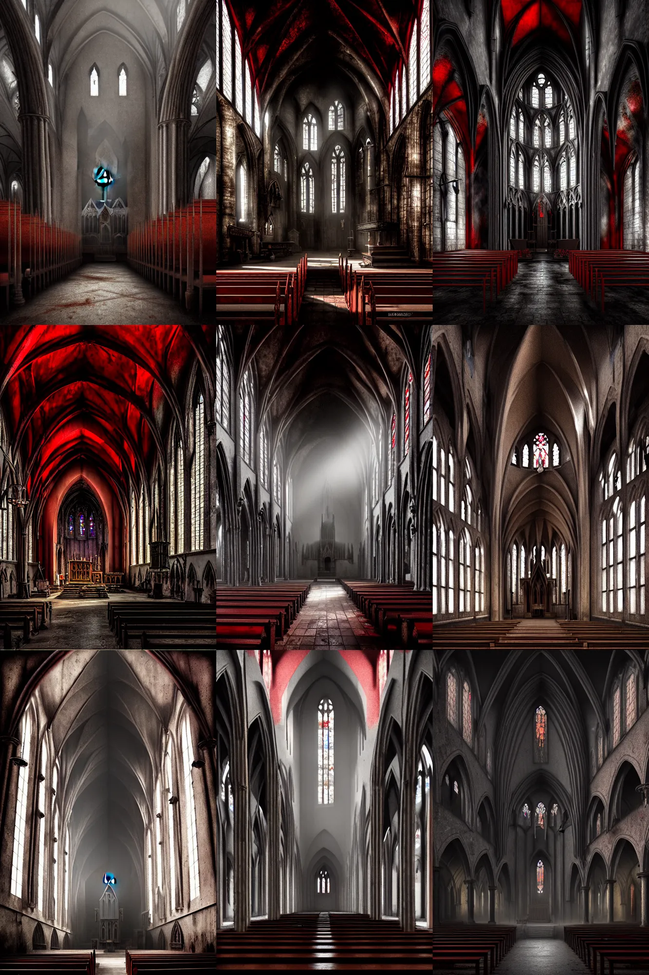 Prompt: a matte painting of the interior of a gothic church, digital painting, concept art, rusty metal walls, broken pipes, dark colors, muted colors, red colors, tense atmosphere, church cathedral, mist floats in the air, amazing value control, muted colors, moody colors, dramatic lighting, cinematic lighting, sharp focus