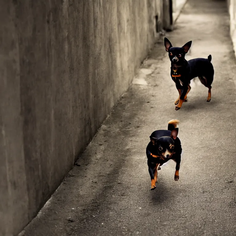 Image similar to anime visual of a black and tan chihuahua walking down an alley ; by kehinde wiley ; official media, cinematic lighting, high quality, trending on artstation