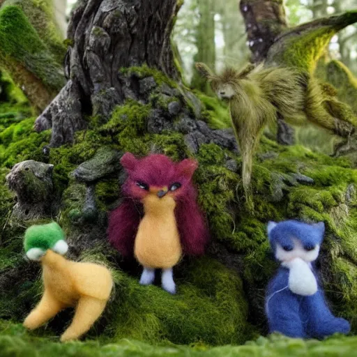 Prompt: two fantasy woodland animals in dynamic poses, made of felt and cloth and beads, in a lush magical forest with tall trees and moss, felting, haunting and spooky, cinematic lighting