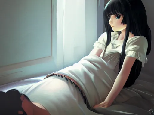 Image similar to animated little girl with an long black hair dressed in a simple white dress sitting in bed, anime art style, digital art ilya kuvshinov, inspired by balthus, hd, 4 k, hyper detailed, dark, anatomically correct, angelic face, perfect composition