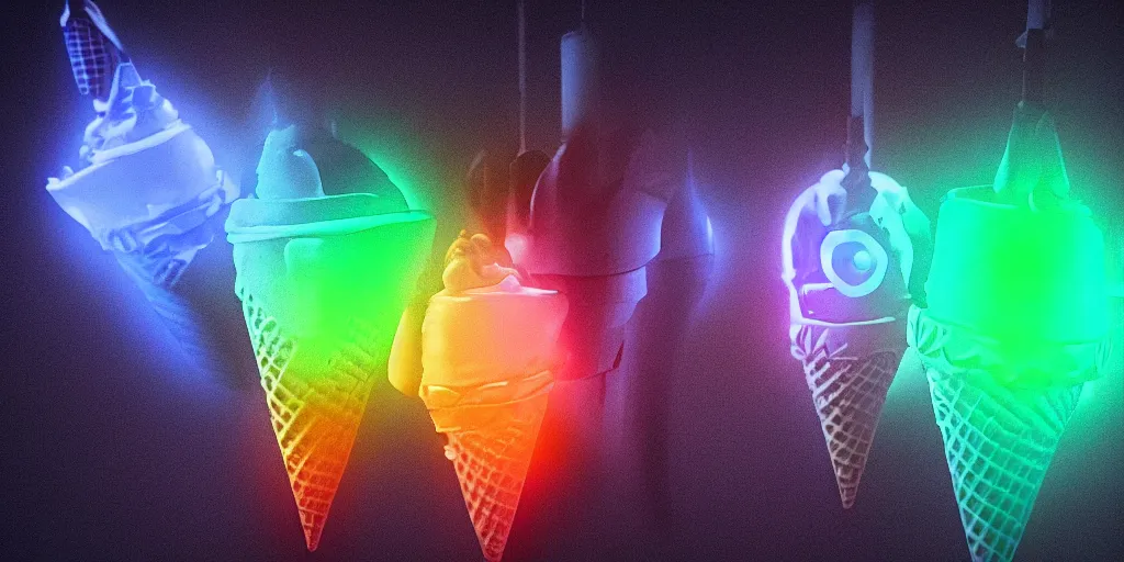 Prompt: ice cream cone with rgb implants, cyberpunk, high quality, ue 5.