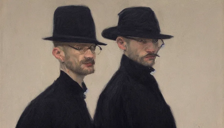 Prompt: painting by borremans, man agent in a black coat and black hat, detailed, stunning