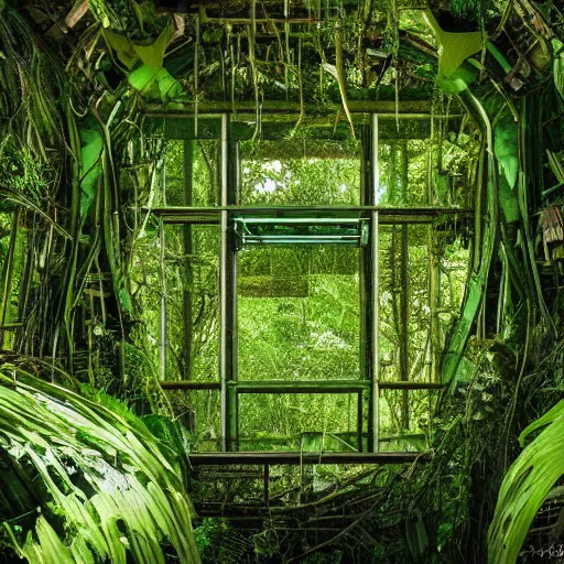 Prompt: abandoned, overgrown, space station jungle room with trees.