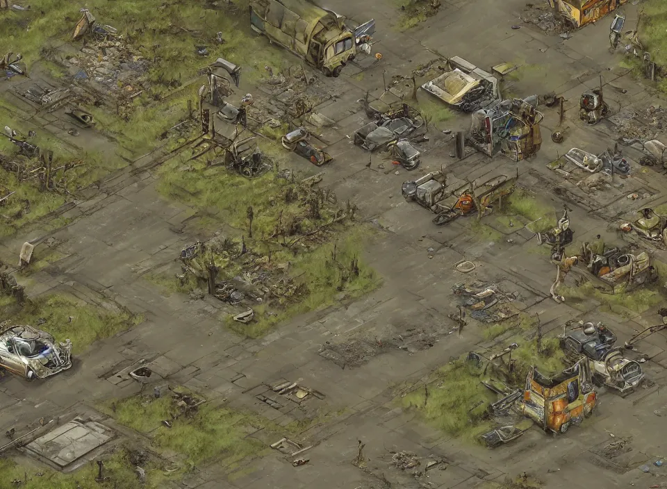 Prompt: Screenshot of a abandoned dead cornfield with a road going across it in Fallout 2 (1998), isometric perspective, postapocalyptic, bird's eye view, prerendered isometric graphics, high quality