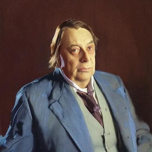 Image similar to “portrait of Barry humphries’ character sir les Patterson, in stained powder blue site and wide silk tie, by John singer Sargent”