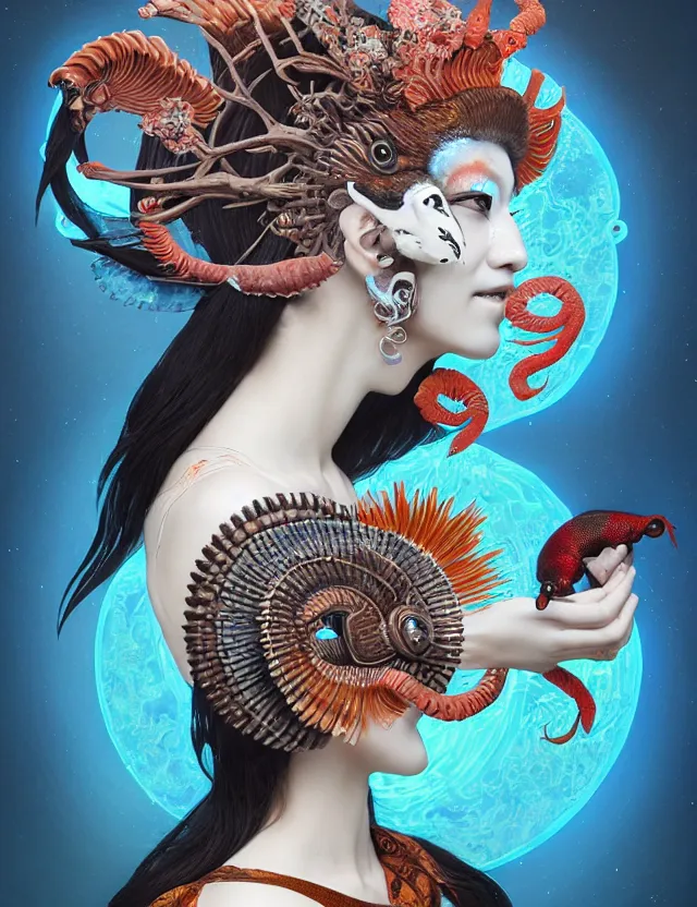 Image similar to 3 d goddess half - turn portrait with ram skull. beautiful intricately detailed japanese crow kitsune mask and clasical japanese kimono. betta fish, jellyfish phoenix, bio luminescent, plasma, ice, water, wind, creature, artwork by tooth wu and wlop and beeple and greg rutkowski