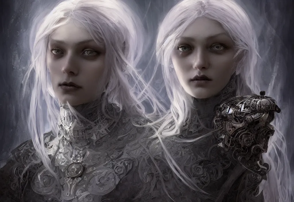 Image similar to beautiful and gothic and evil and dieselpunk young medieval light grey hair female knight + smoky eyes + front face with light flowing hair, ultradetail face, art and illustration by tian zi and craig mullins and wlop and alphonse mucha, fantasy, intricate complexity, human structure, human anatomy, fantasy character concept, watermark, blurry, hyperrealism 8 k