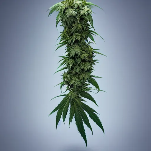 Image similar to Humanoid in the shape of a cannabis plant, realistic artstyle, wide shot, dramatic lighting, octane render, hyperrealistic, high quality, highly detailed, HD, beautiful, cinematic, 8k, unreal engine, facial accuracy, symmetrical