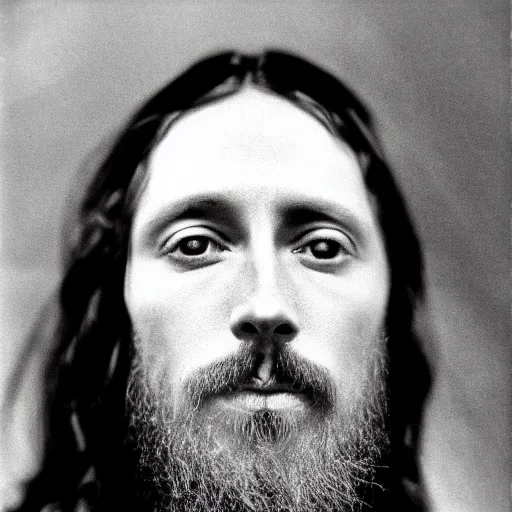 Prompt: Jesus moments after the DMT hallucinations began. Close-up studio portrait photo by Annie Leibovitz. Tri-x.